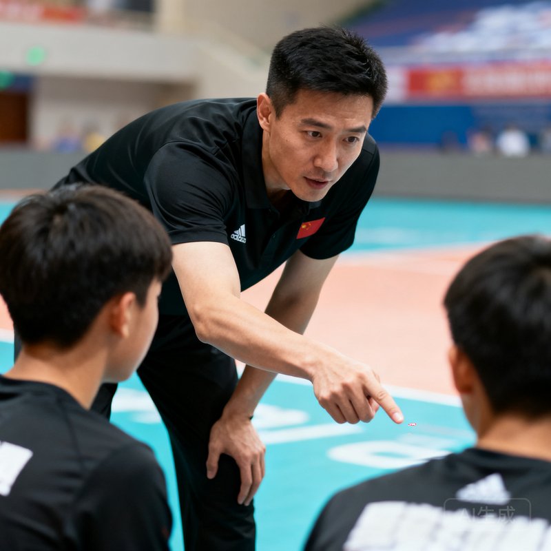 资深教练张昊阳在赛场边指导学员的照片，他微微弯腰与学员沟通战术，手指指向场地某处，穿着黑色运动服，神情专注认真，约三十二岁。