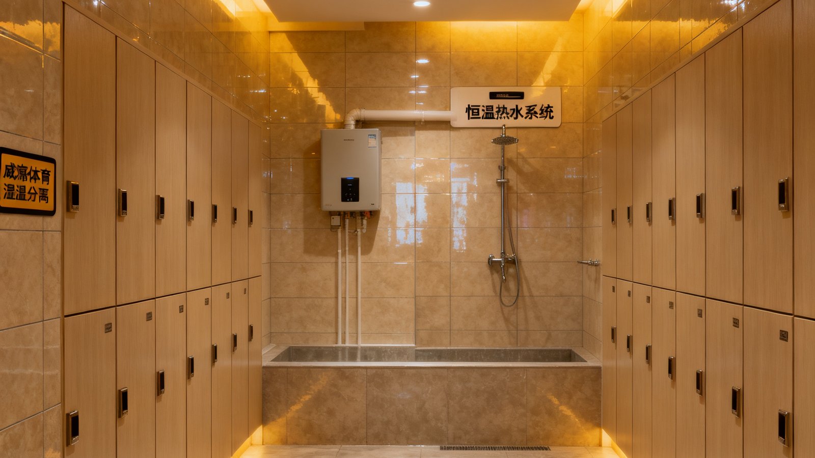 威廉体育场馆配套的干湿分离更衣室和淋浴区，瓷砖墙面干净整洁，恒温热水系统标识清晰，储物柜排列整齐，暖色调灯光营造舒适氛围。